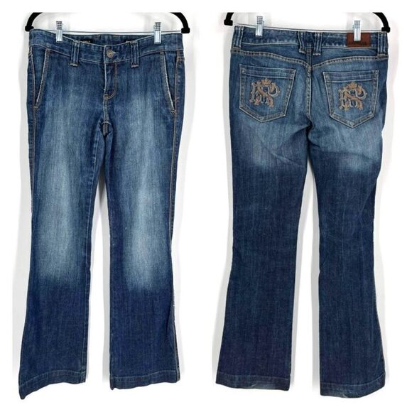 VTG Express Women's Low Rise Stella Bootleg Jeans Blue Denim Embroidered Size 6 - Picture 1 of 14